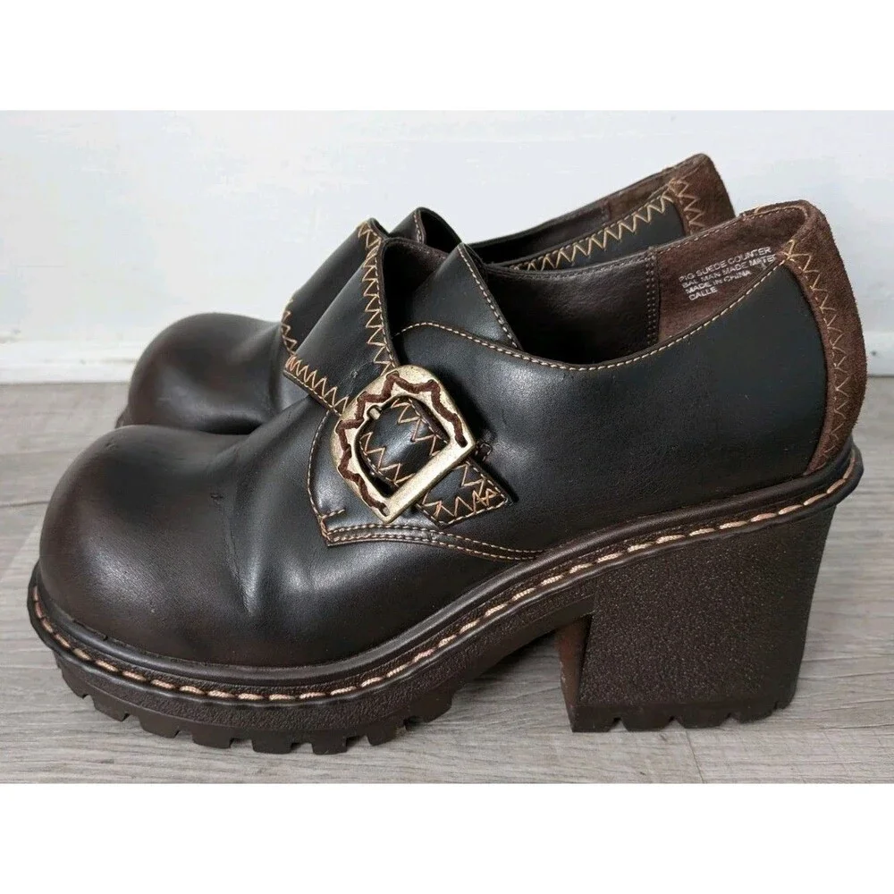 90s L.E.I. Brown Chunky Platform Buckle Shoes Grunge Women's Sz 8.5 Vintage Y2K